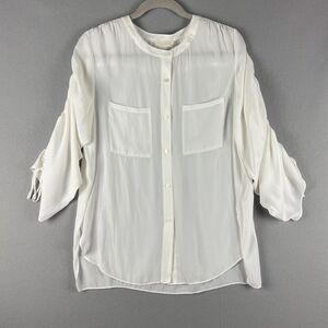 Ramy Brook Top Womens Medium Cream Blouse Cinch Sleeve Sheer Classic Silky Flowy